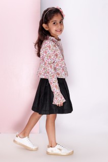 Pink Block Print Crop Top with Black Pleated Skirt