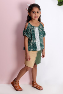 Cold Shoulder Crop Top with Colour Block Skirt