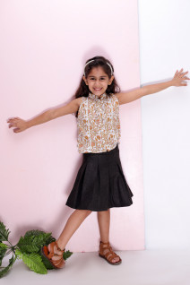 Brown Block Print Top with Brown Pleated Skirt