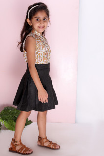 Brown Block Print Top with Brown Pleated Skirt