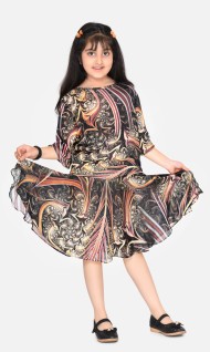 Black Red printed crepe drop waist round neck 3/4 sleeve knee length party midi dress for kids girls